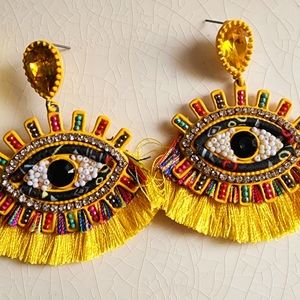 Fantastic yellow multibeaded evil eye fringed post drop earrings